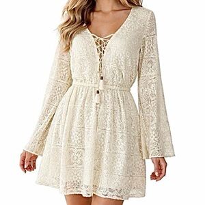 NWT AEO Boho Ethereal Cottagecore Ivory Corset Front Bell Sleeve Lace Dress XS